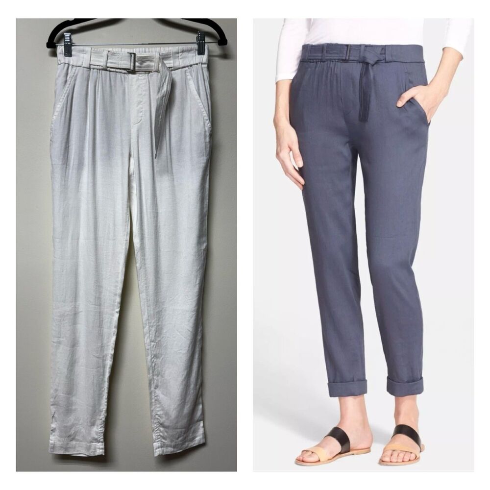 VINCE White Linen Blend Belted Pull On Trousers, Sz XS